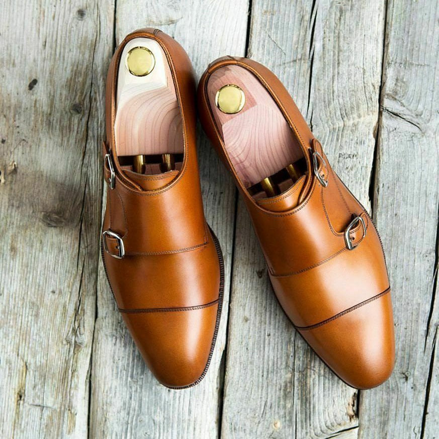 New Handmade Men's Tan Brown Leather Cap Toe Double Monk Strap Shoes, Men Designer Dress Formal Luxury Shoes