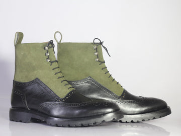 Mens Handmade Black Green Stylish Leather Suede Black Green Ankle High Boots, Men Boots