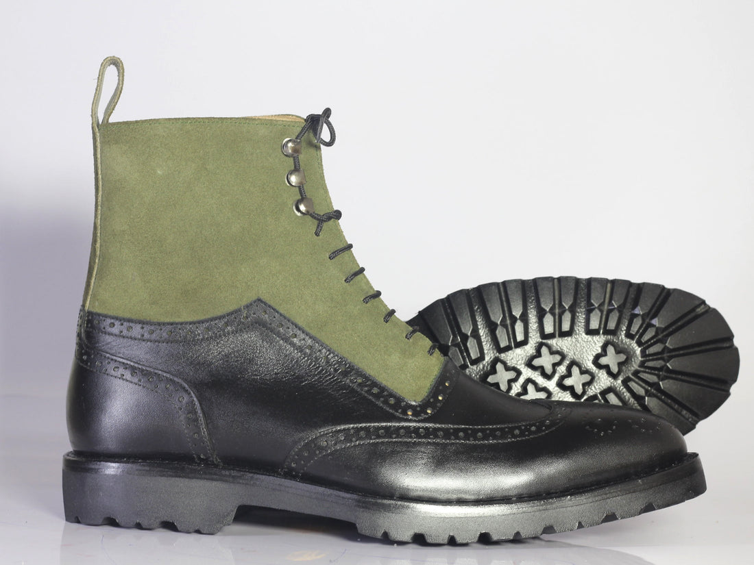 Mens Handmade Black Green Stylish Leather Suede Black Green Ankle High Boots, Men Boots