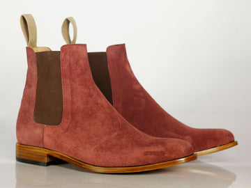 Men's Handmade Red Color Chelsea Ankle-High boots, Men Suede Leather Boots