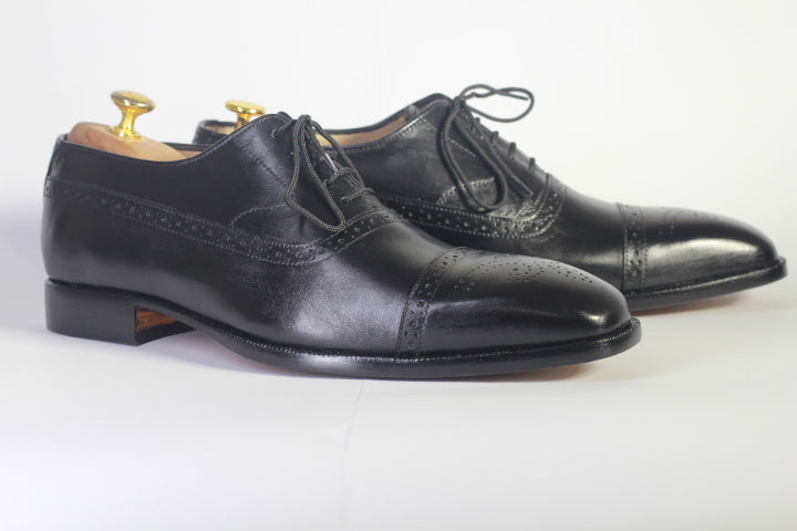 Mens Handmade Black Cap Toe Leather Brogue Shoes, Men Fashion Shoes