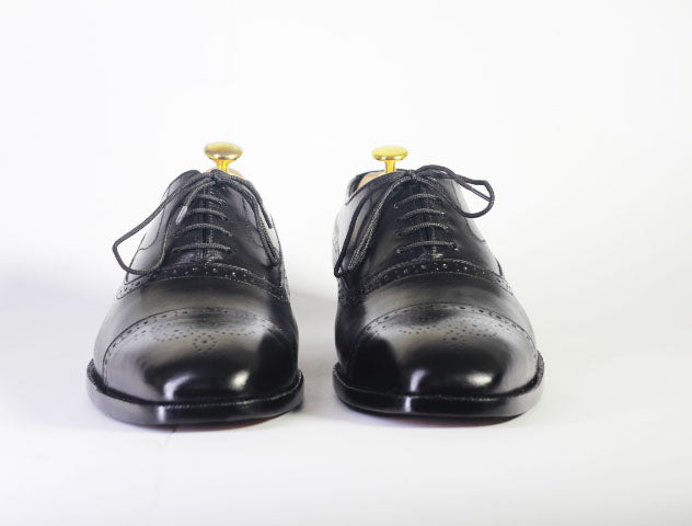 Mens Handmade Black Cap Toe Leather Brogue Shoes, Men Fashion Shoes