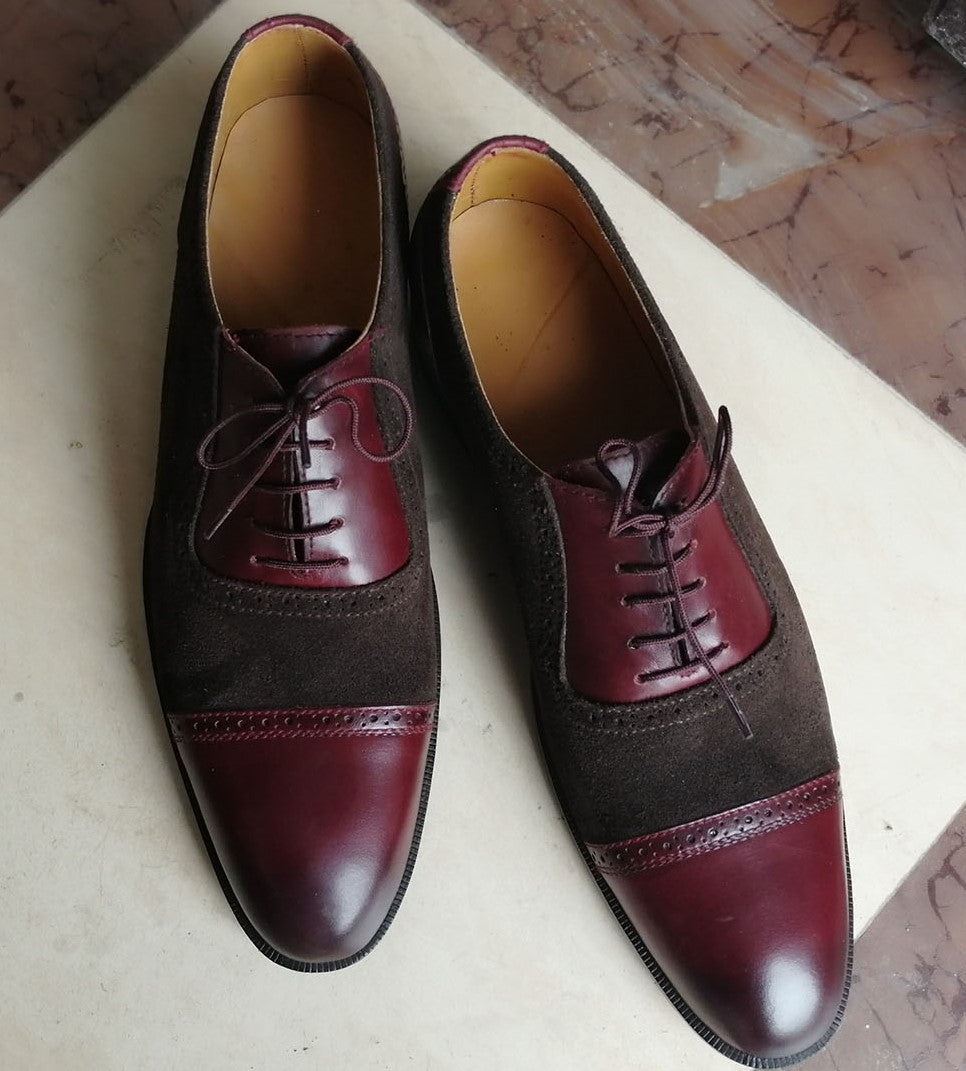 Stylish Handmade Men's Brown Burgundy Cap Toe Leather Suede Lace Up Shoes, Men Designer Dress Formal Luxury Shoes