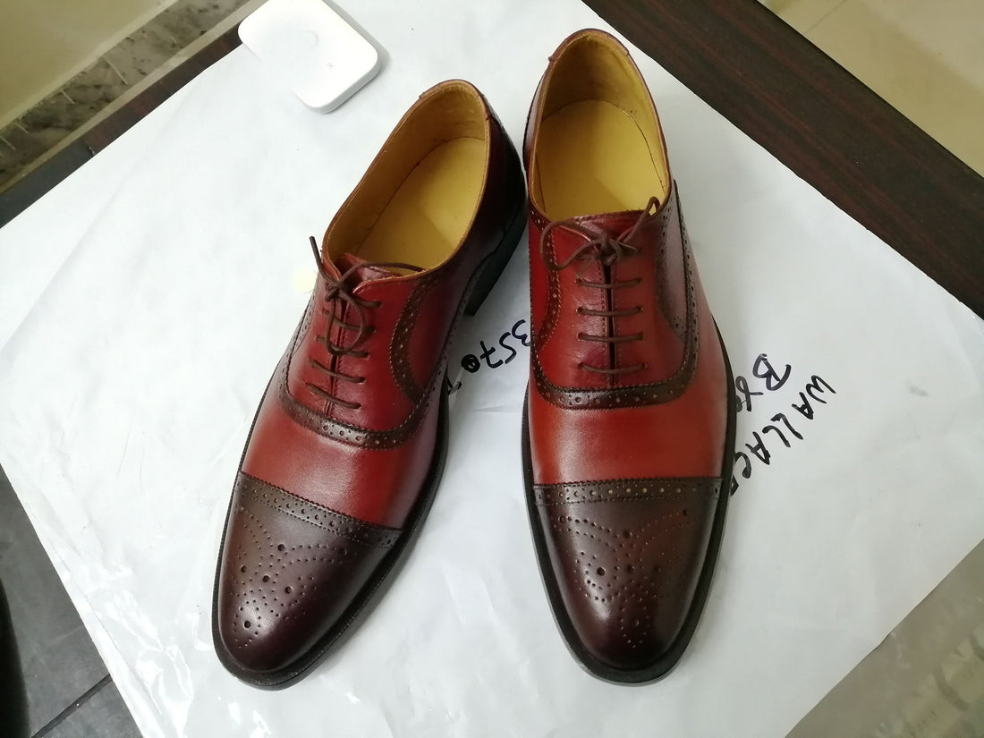 New Handmade Men's Two Tone Tan Brown Cap Toe Brogue Leather Lace Up Shoes, Men Designer Dress Formal Luxury Shoes