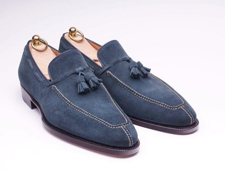 Mens Handmade Blue Color Suede Tassel Loafer Shoes