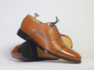 New Stylish Handmade Men's Tan Cap Toe Brogue Leather Lace Up Shoes, Men Designer Dress Formal Luxury Shoes