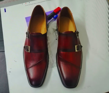 New Handmade Men's Burgundy Double Monk Strap Leather Shoes, Men Designer Dress Formal Luxury Shoes