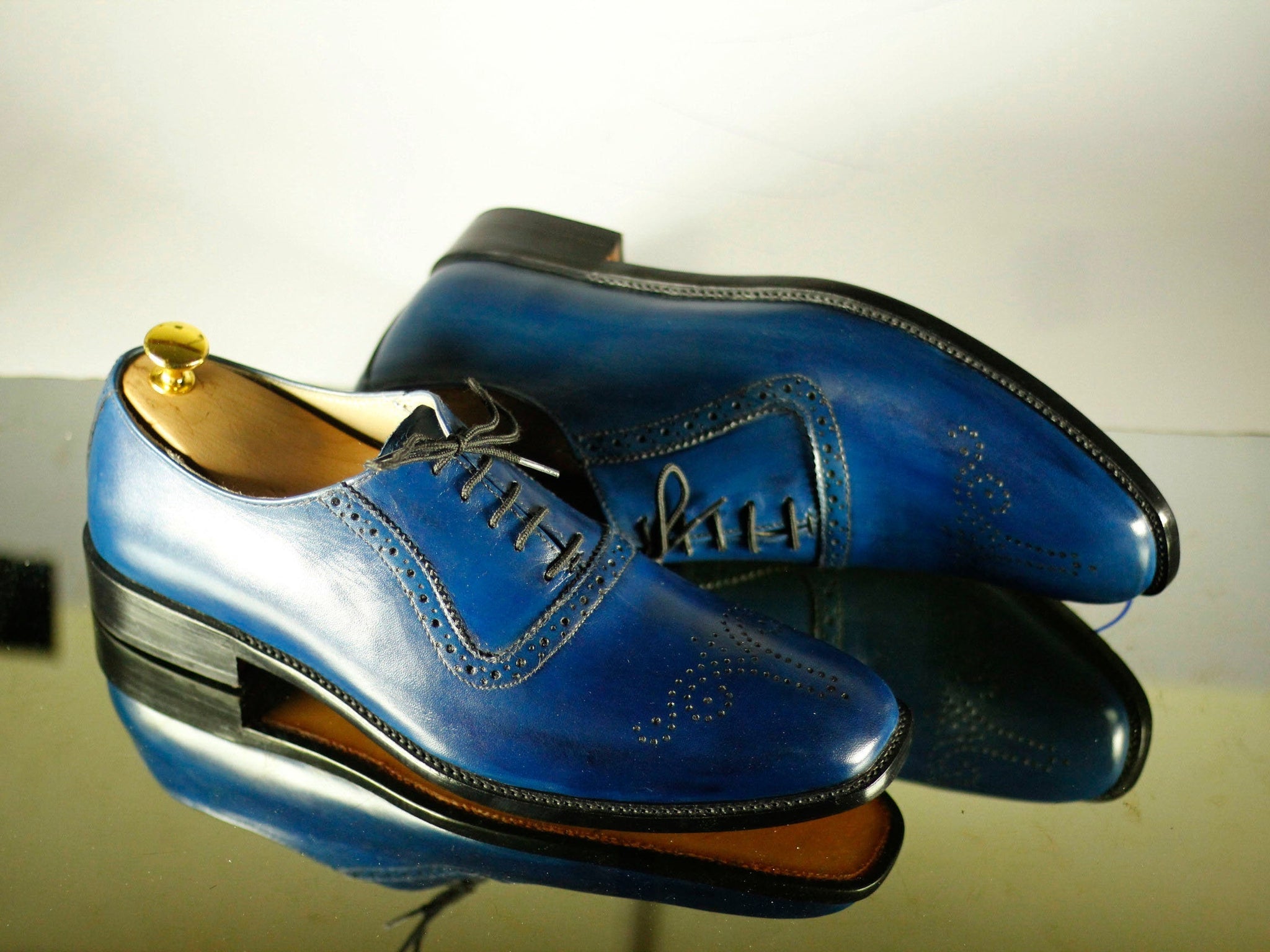 Mens Handmade Blue Color Leather Brogue Lace Up Shoes