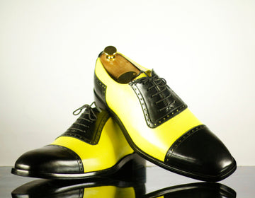 New Handmade Men's Two Tone Black &amp; Yellow Cap Toe Leather Lace Up Shoes, Men Designer Dress Formal Luxury Shoes