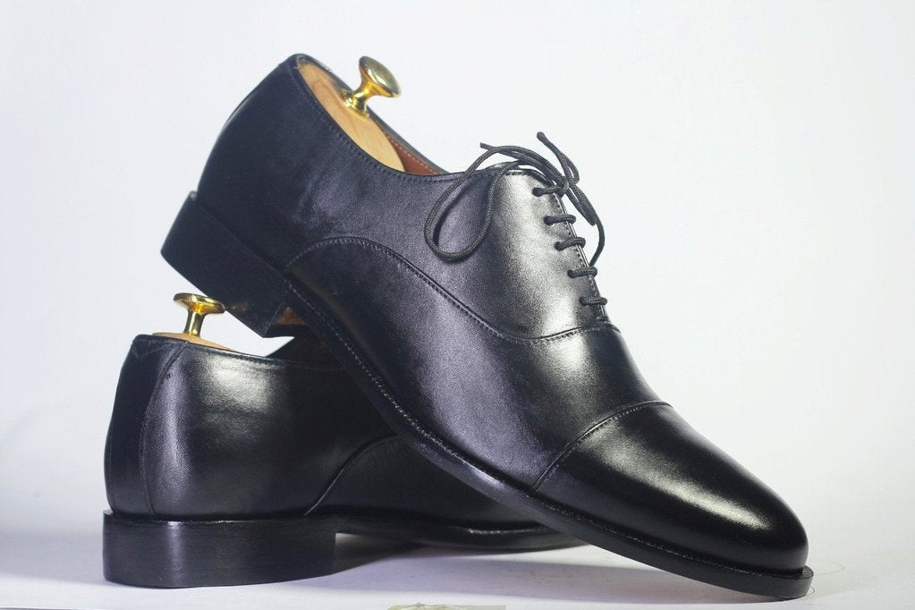 Men’s Handmade Stylish Black Cap Toe Leather Shoes, Mens Lavish Black Color Cap Toe Shoes