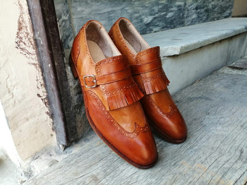 New Handmade Men's Tan Brown Wing Tip Leather Fringes Monk Strap Shoes, Men Designer Dress Formal Luxury Shoes