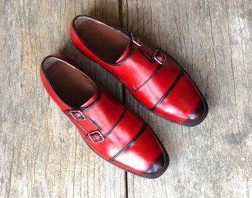 New Handmade Men's Two Tone Red Leather Double Monk Strap Shoes, Men Designer Dress Formal Luxury Shoes