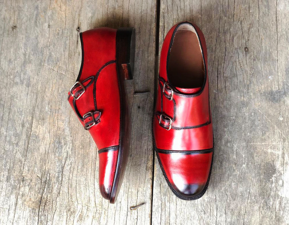 New Handmade Men's Two Tone Red Leather Double Monk Strap Shoes, Men Designer Dress Formal Luxury Shoes