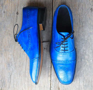 Handmade Men's Blue Cap Toe Brogue Leather Lace Up Shoes, Men Designer Dress Formal Luxury Shoes