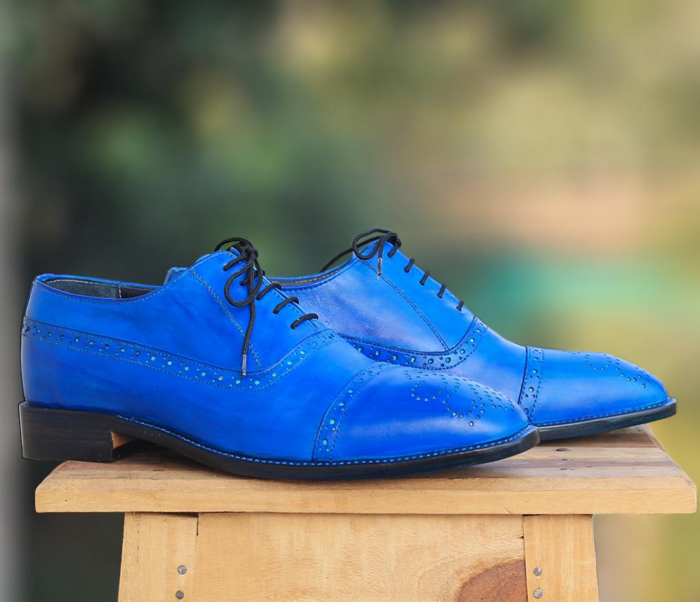 Handmade Men's Blue Cap Toe Brogue Leather Lace Up Shoes, Men Designer Dress Formal Luxury Shoes