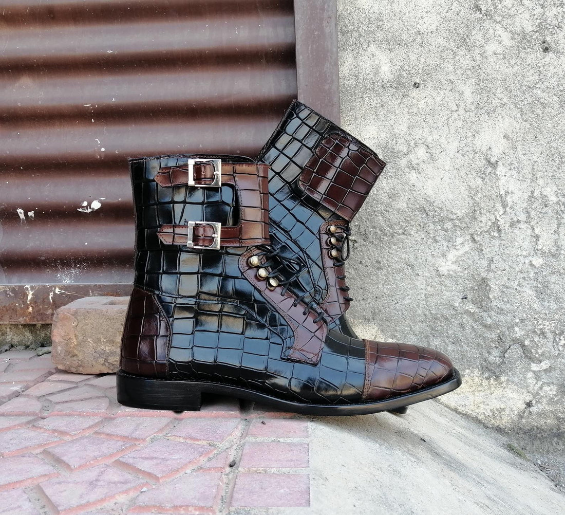 Mens Handmade Alligator Textured Leather Brown Black Leather Boots, Men’s Ankle High Designer Boots