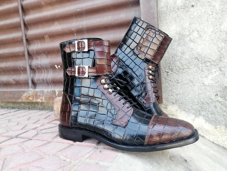 Mens Handmade Alligator Textured Leather Brown Black Leather Boots, Men’s Ankle High Designer Boots