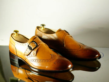 New Handmade Men's Two Tone Tan Brown Leather Wing Tip Brogue Monk Strap Shoes, Men Designer Dress Formal Luxury Shoes