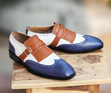 New Handmade Men's Two Multi Color Leather Wing Tip Monk Strap Shoes, Men Designer Dress Formal Luxury Shoes