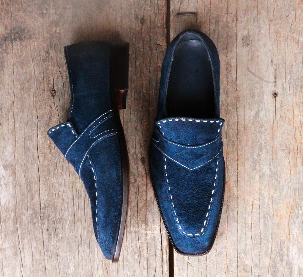 New Handmade Men's Navy Blue Suede Penny Loafers, Men Designer Dress Formal Luxury Party Shoes