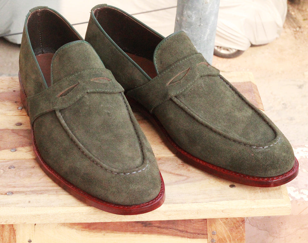 New Handmade Men's Green Suede Penny Loafers, Men Designer Dress Formal Luxury Shoes