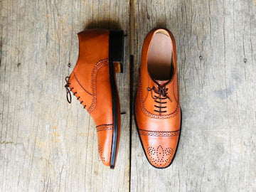 New Handmade Men's Tan Cap Toe Brogue Leather Lace Up Shoes, Men Designer Dress Formal Luxury Shoes