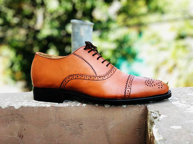 New Handmade Men's Tan Cap Toe Brogue Leather Lace Up Shoes, Men Designer Dress Formal Luxury Shoes