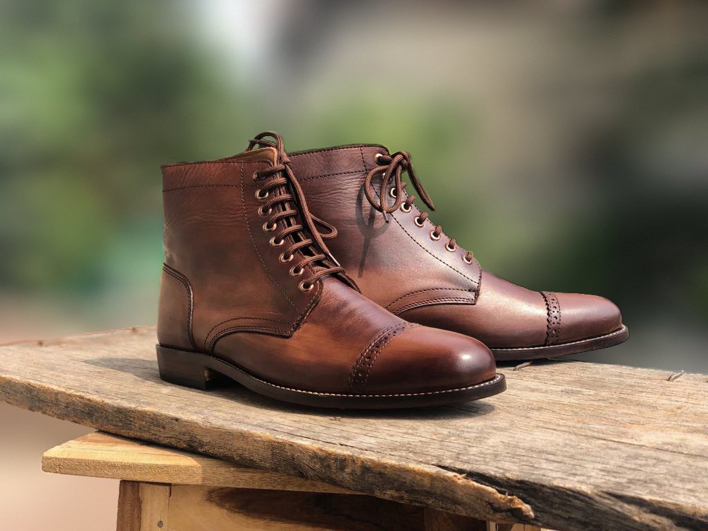 New Handmade Men's Rusty Antique Brown Leather Cap Toe Lace Up Boots, Men Ankle Boots, Men Designer Fashion Boots