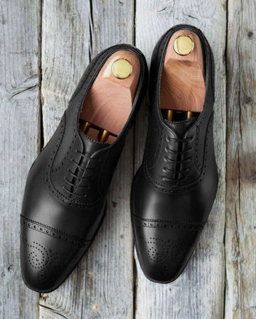 Handmade Mens Black Color Cap Toe Formal Designer Leather Shoes, Men Fashion Shoes