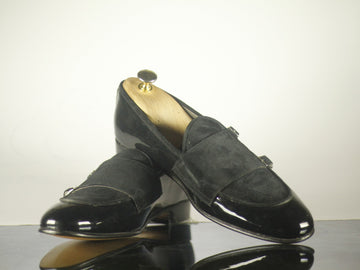 Mens Handmade Black Color Awesome Patent Leather Suede Casual Shoes, Men Designer Double Monk Luxury Loafer Style Shoes