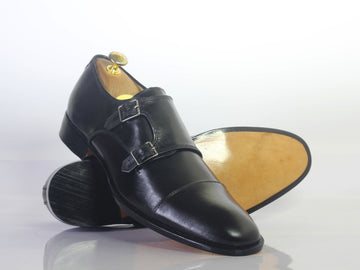 Mens Handmade Black Cap Toe Leather Designer Shoes, Men Monk Strap Leather Shoes