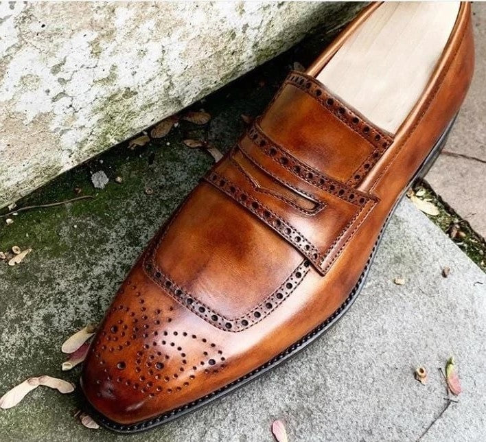 New Handmade Men's Brown Leather Brogue Toe Penny Loafer Shoes, Men Designer Dress Formal Luxury Shoes