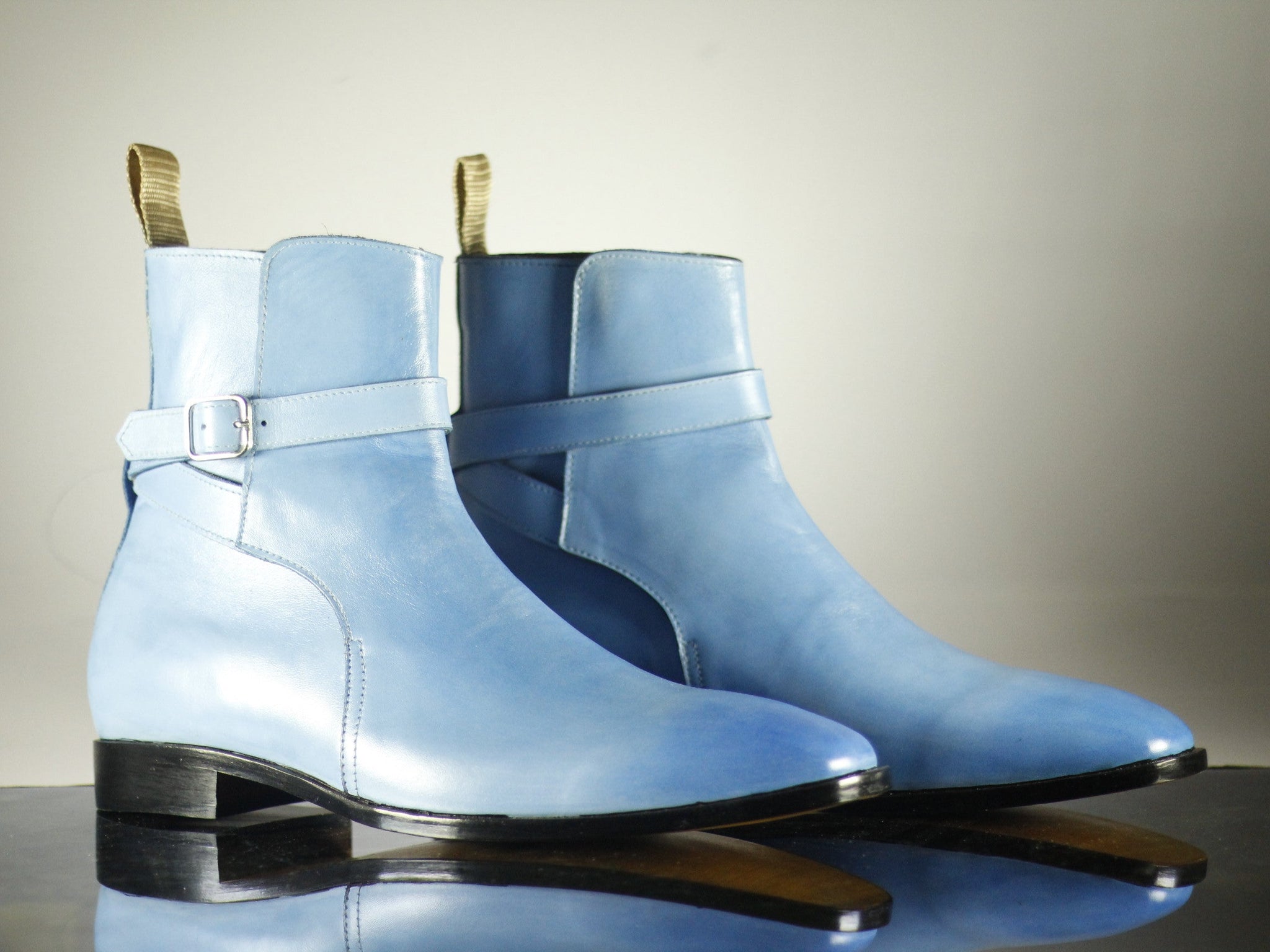 New Handmade Men's Light Blue Jodhpur Leather Buckle Strap Boots, Men Ankle Boots, Men Designer Boots