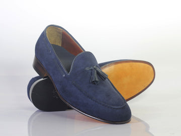 Mens Handmade Blue Color Suede Casual Loafer Shoes, Men Fashion Designer Tassel Loafer Shoes