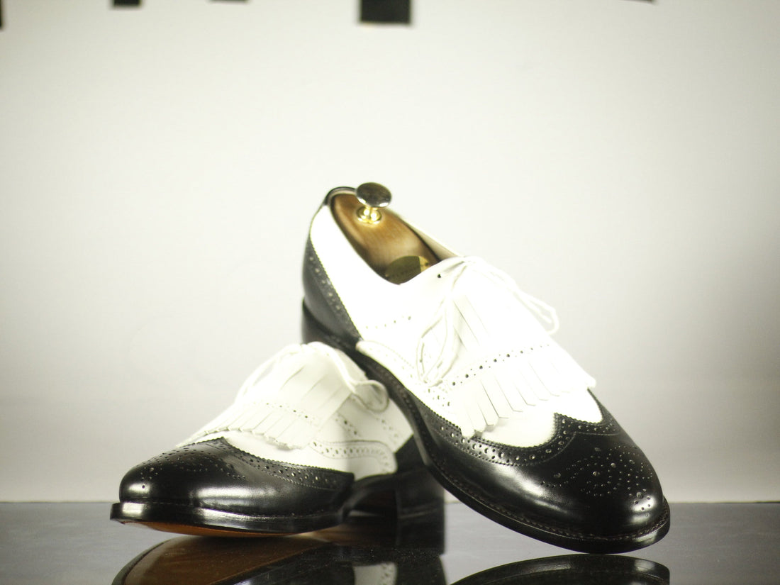 Men’s Handmade Formal Black White Color Stylish Wingtip Brogue Dressing Shoes