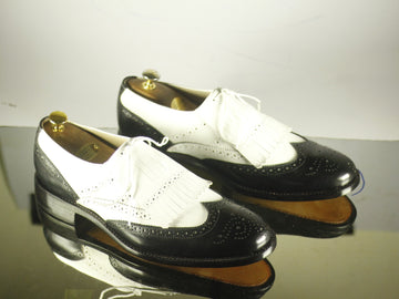 Men’s Handmade Formal Black White Color Stylish Wingtip Brogue Dressing Shoes