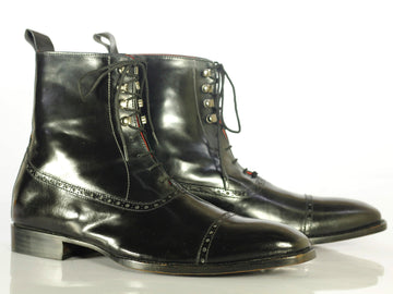 Mens Handmade Black Color Cap Toe Leather Fashion Boots, Men Ankle High Designer Collection