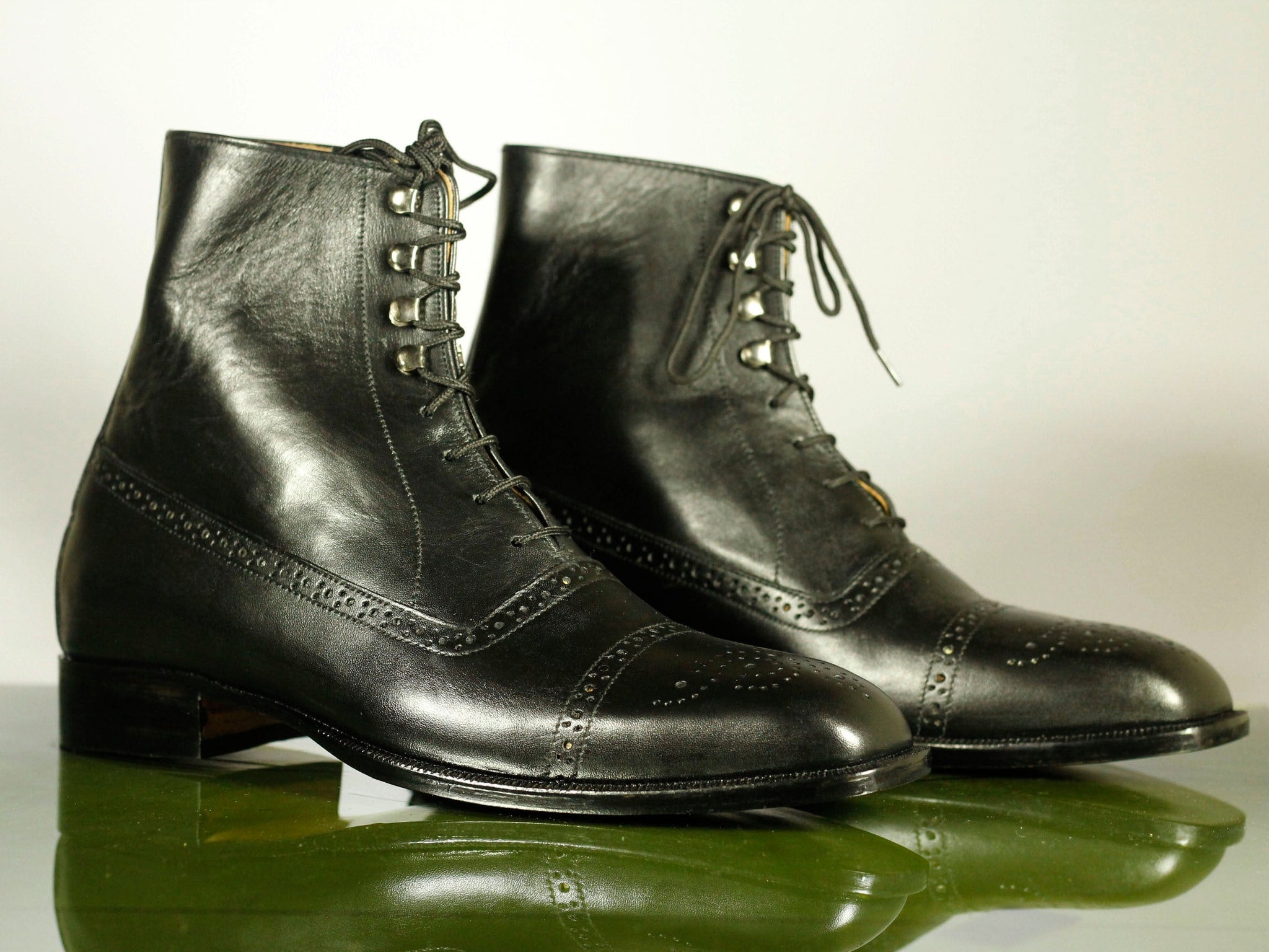 Handmade Mens Black Leather Cap Toe Ankle High Lace Up Boots