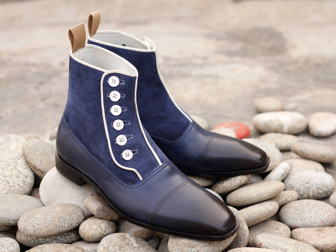 Mens Handmade Blue Color Leather Suede Boots, men's leather Ankle High Button Boots