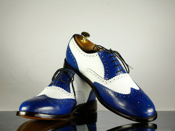 Mens Handmade Blue White Color Wingtip Brogue Formal Dressing Boots