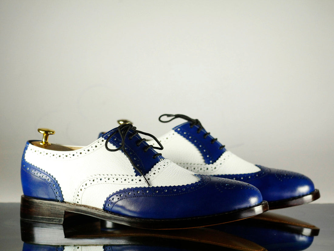 Mens Handmade Blue White Color Wingtip Brogue Formal Dressing Boots