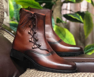 Mens Handmade Brown Leather Ankle High Boots, Mens Side Laces Designer Boots