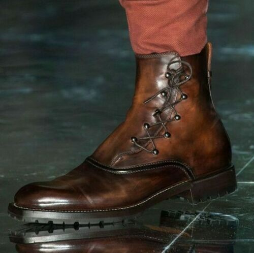 Mens Handmade Brown Leather Ankle High Boots, Mens Side Laces Designer Boots