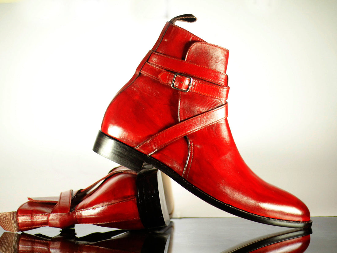 Mens Handmade Designer Leather Red Color Jodhpur Boots, Men Ankle High Formal Dressing Boots