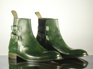 Handmade Mens Green Color Leather Jodhpurs Boot, Men Double Monk Strap Designer Boots