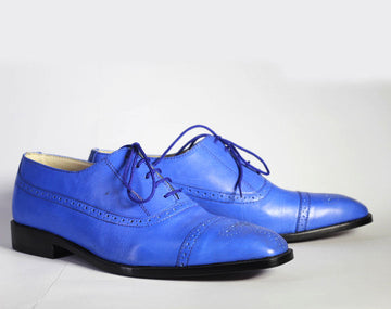 Mens Handmade Cap Toe Blue Leather Shoes, Men’s Stylish Brogue Lace Up Dress Shoes