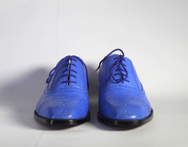 Mens Handmade Cap Toe Blue Leather Shoes, Men’s Stylish Brogue Lace Up Dress Shoes