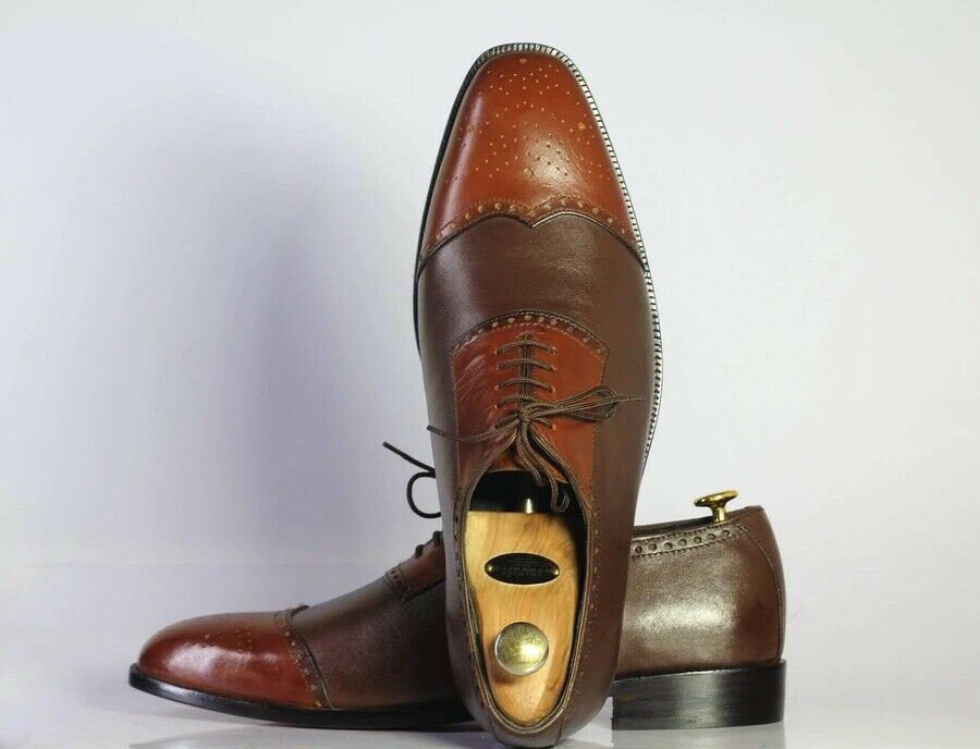 New Handmade Men's Two Tone Brown Leather Cap Toe Brogue Lace Up Shoes, Men Designer Dress Formal Luxury Shoes