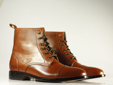 Mens Handmade Brown Ankle High Cap Toe Leather Boots, Men Designer Boots