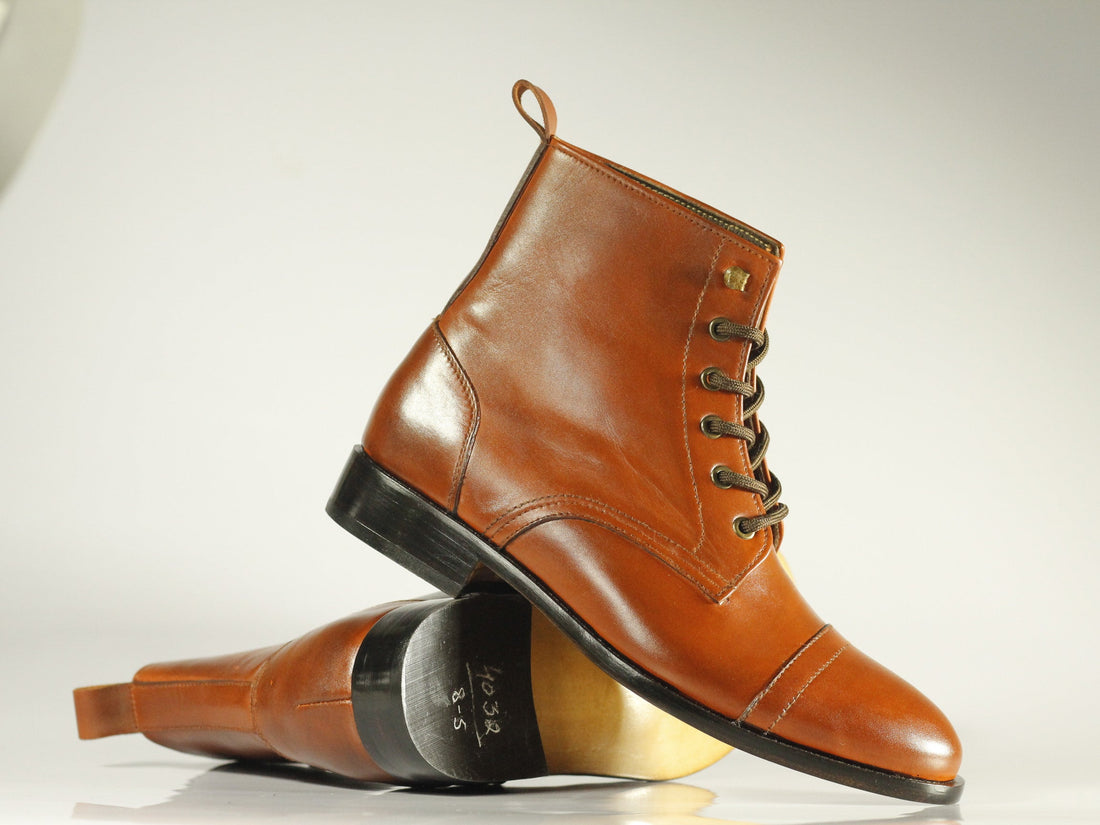 Mens Handmade Brown Ankle High Cap Toe Leather Boots, Men Designer Boots